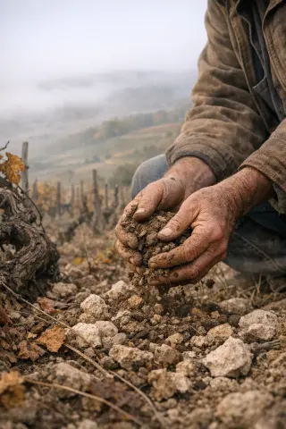 Weathered hands tending the soil among autumnal vines in a misty Côtes de Toul landscape with foggy hills in the distance