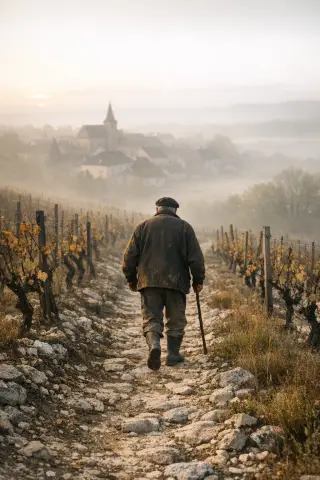Solitary vigneron walking a narrow stone path through misty Lorraine vineyards at sunrise, with a village in the background and golden diffused light.