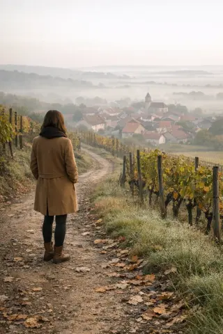 A woman in autumn clothing stands on a vineyard path overlooking misty Côtes de Toul hills and a distant Lorraine village at sunrise.