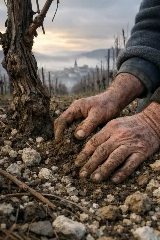 Vigneron's weathered hands examining stony vineyard soil at dawn, with Côtes de Toul vines and misty Lorraine valley behind