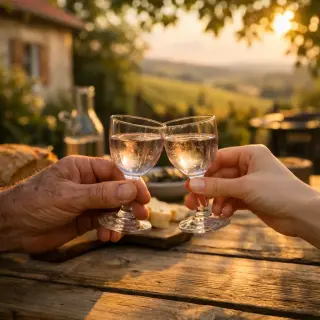 Two people toasting with glasses of pale rosé-grey wine at an outdoor rustic table, with Lorraine vineyards and a village house in the background, during golden hour.
