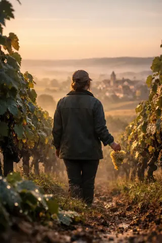Dawn in Côtes de Toul vineyards with a woman in a work jacket holding pale grapes, misty vines and distant Lorraine village in soft golden light.