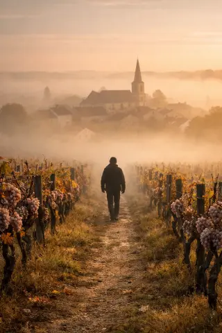 Figure walking between vine rows at sunrise on the Côtes de Toul, misty landscape with a distant Lorraine village in early autumn light.