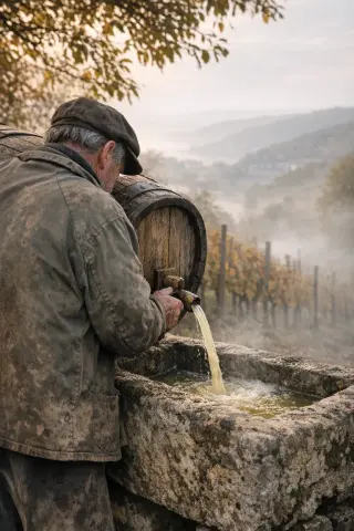 Lorrain vintner seen from behind in a misty autumn vineyard, pouring pale grape juice into a stone trough at dawn, golden light illuminating weathered hands and rustic tools.