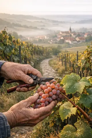 Autumn morning in the Lorraine vineyard, old hands harvesting rosé-skinned Gamay grapes along a misty vine path near a rural village, with soft golden light.