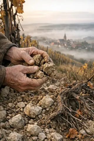 Vigneron's hands examining clay-limestone soil among vine rows at dawn with mist over a Lorraine village in the background