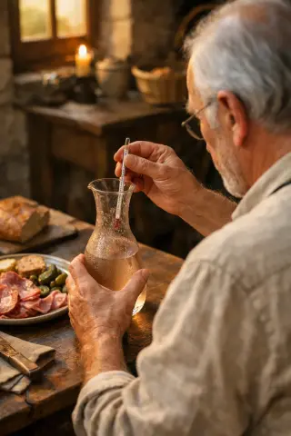 Elderly sommelier in rustic Lorraine kitchen checking wine carafe temperature at sunset.