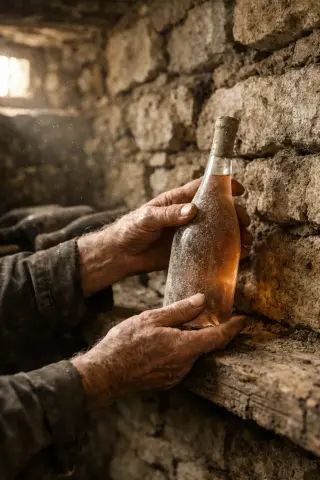 Weathered hands arranging a dusty wine bottle on a rough wooden shelf in an old Lorraine stone cellar, lit by soft natural light.