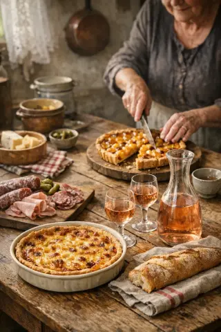 Lorraine kitchen table set for a meal with quiche, charcuterie, and carafe of gris de Toul, elderly woman's hands serving mirabelle tart, warm natural light