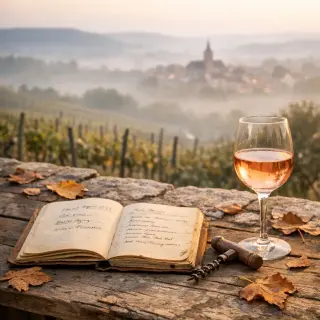 Rustic table on stone terrace with a glass of gris wine, open notebook, and vineyard hills at dawn