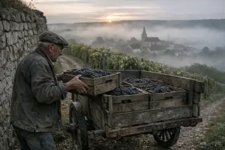Elderly winemaker loading grape crates at dawn near stone wall in misty Lorraine vineyard with village in background