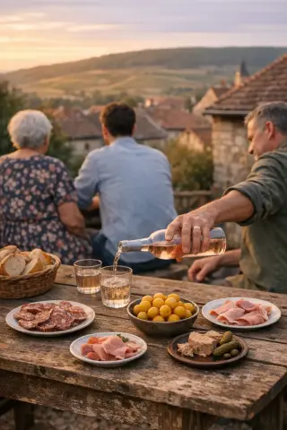 Three people sharing local appetizers and vin gris at a rustic table in a Lorraine village courtyard, with Toul vineyards and rooftops softly lit in the background.