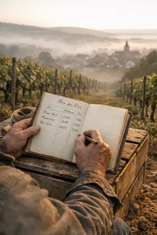 Weathered hands of an elderly winegrower holding a handwritten ledger on a rustic crate in the early morning vines of Lorraine, misty village in the background.