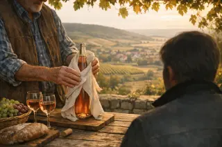 An older vigneron on a stone terrace wraps a wine bottle in cloth as a silhouetted recipient watches, with Lorraine vineyards in soft autumn light.