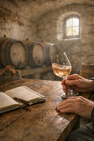 Expert's hands swirling a pale wine in a rustic Lorraine cellar, tasting notes and old barrels in soft morning light