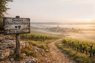 Misty Lorraine vineyard at dawn with an old wooden trail sign, limestone terrace, and distant village under golden morning light