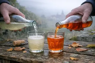 Weathered hands pour sparkling gris and orange wine into mismatched tumblers on a rustic outdoor table, foggy Côtes de Toul vineyards and village in the background, autumn leaves scattered.