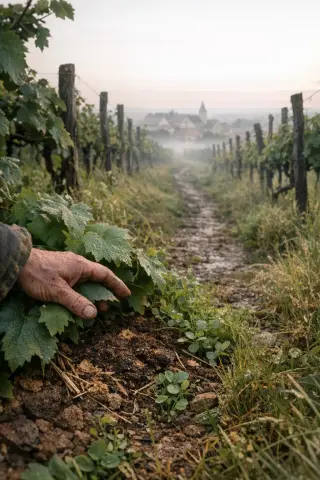 Weathered hand tending organic vines at dawn along a muddy path, misty rows receding toward a distant Lorraine village, soft natural light revealing soil and cover crops.