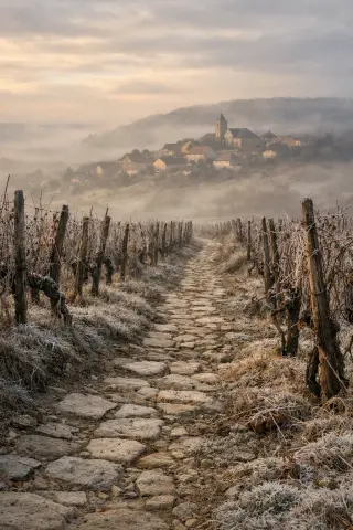Frost-covered vineyard path in Lorraine at dawn, leading towards a village under soft golden light.