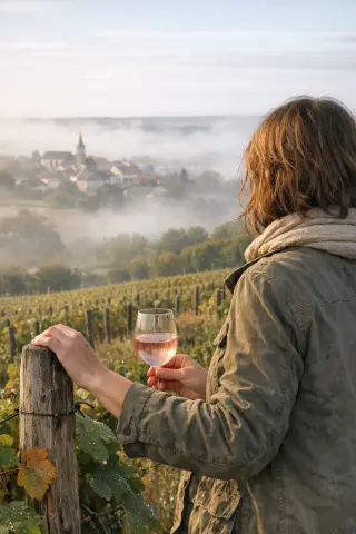 Woman seen from behind holding a glass of Gris de Toul among dewy autumn vines, village and gentle hills in morning mist.