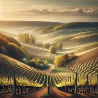 Vignoble des Côtes de Toul au printemps avec rangées de vignes naissantes, collines en arrière-plan et lumière douce du matin.