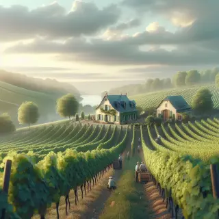 Vineyard landscape in the Côtes de Toul region with grapevines, gentle hills, a small cellar building, and vineyard workers under clear morning light.